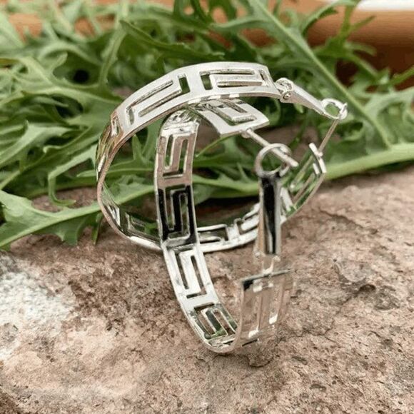 Silver Greek Cutout Hoop Earrings - Picture 5 of 5